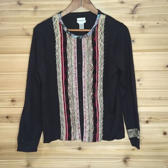 Chico's Silk Blend Cardigan Black with Ribbon Trim Size 2( Large) - Picture 1 of 9